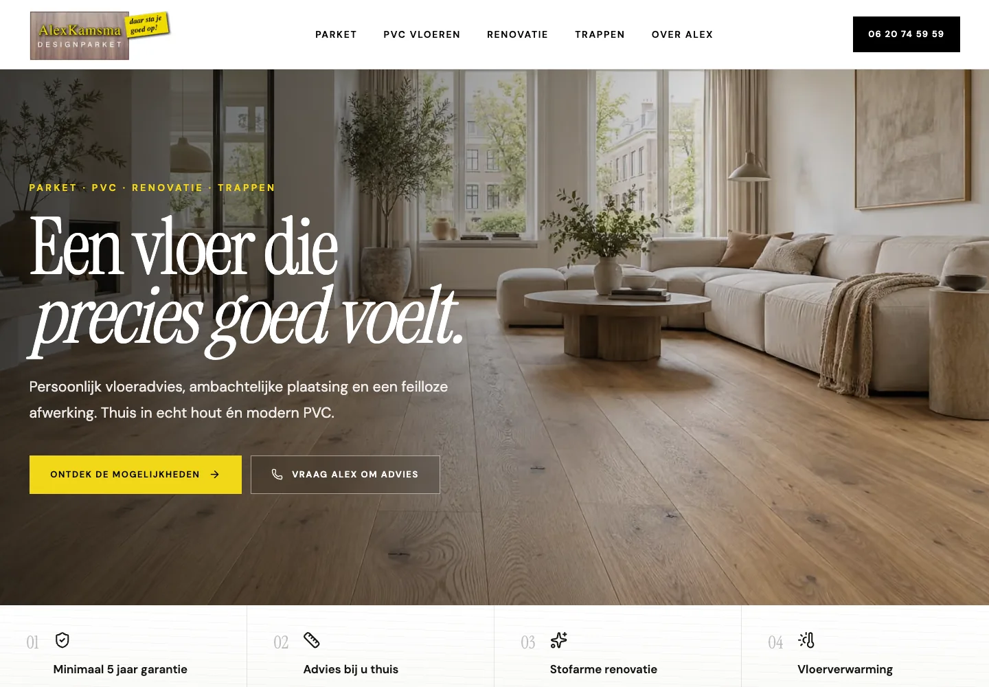 Homepage van Alex Kamsma Design Parket met een lichte houten vloer