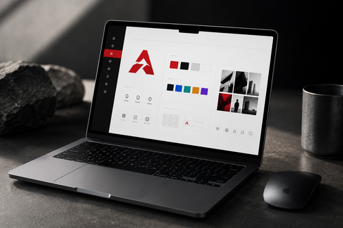 Brand Identity Kit Pro shown on a premium laptop mockup